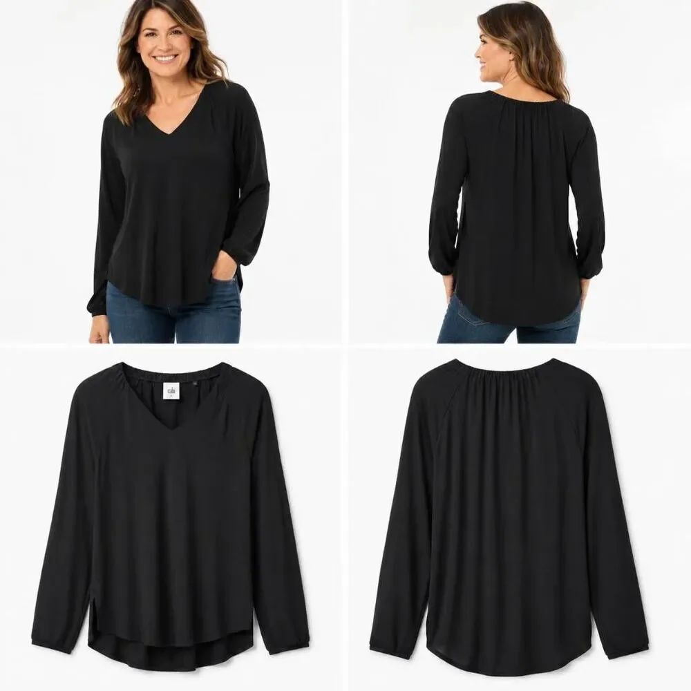 Cabi Size M Black V Neck Long Sleeve High Low Top